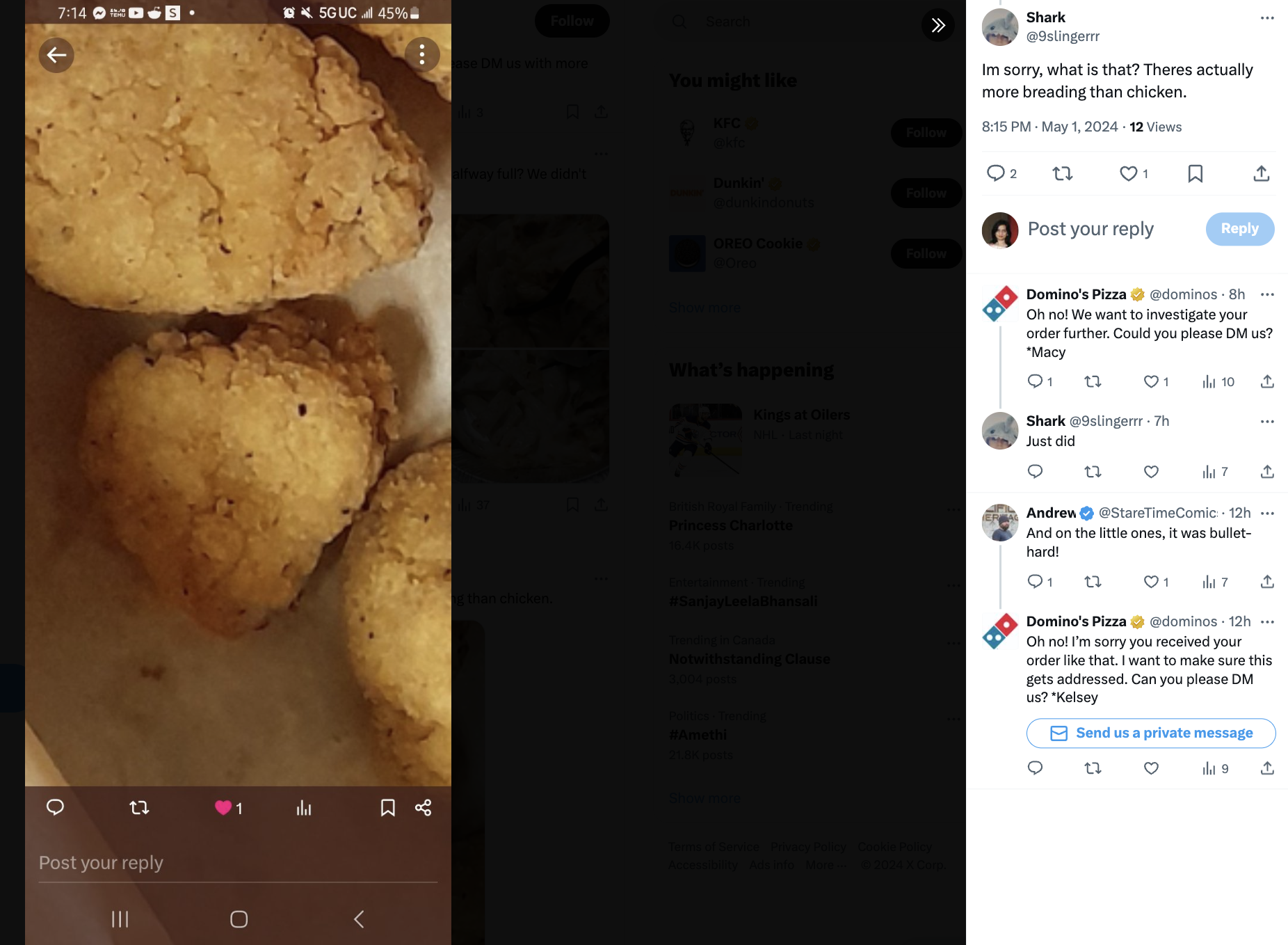 Domino's Pizza fielding customer service queries on X, formerly known as Twitter.